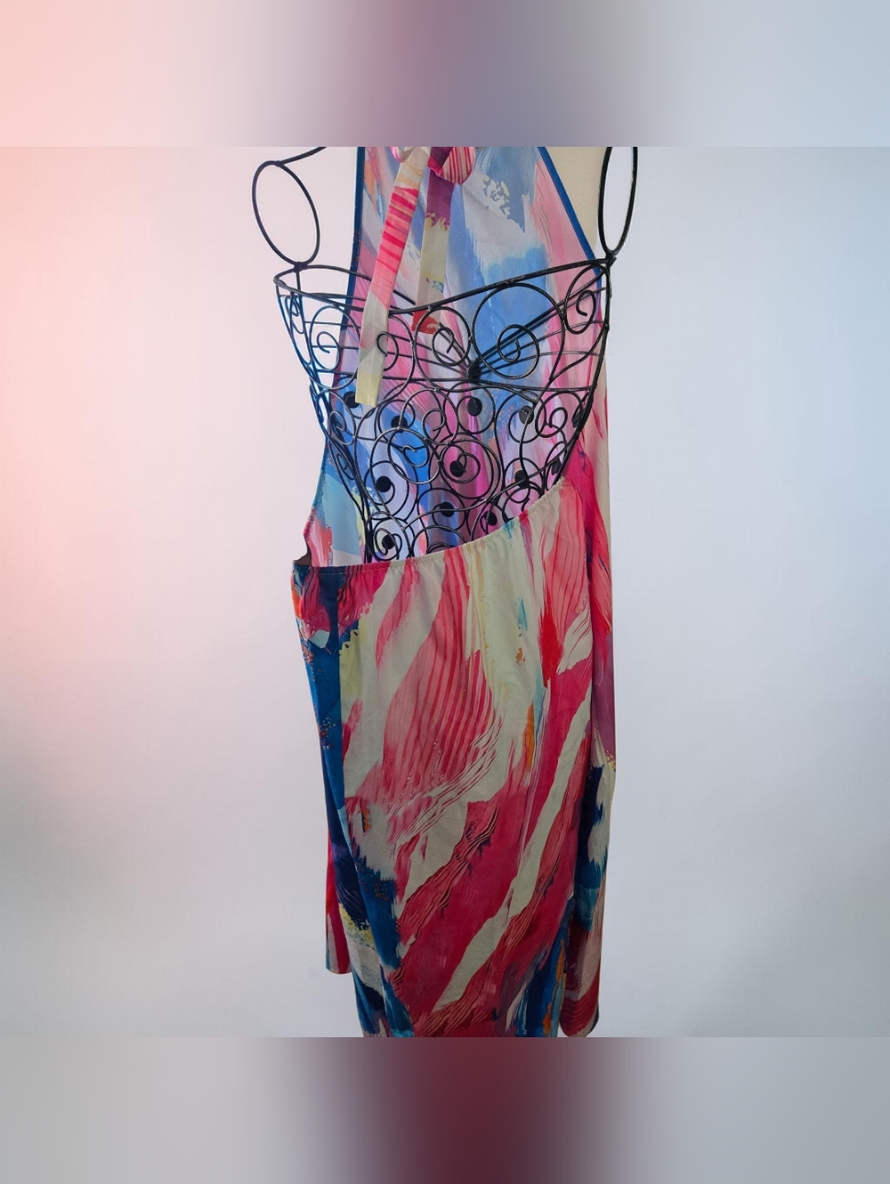 Abstract Brushstroke Halter Dress in Pink & Blue - Picture 3 of 4